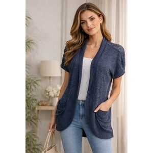 Mossimo Navy Blue Pointelle Knit Open Front Cardigan Sweater Small Short Sleeve